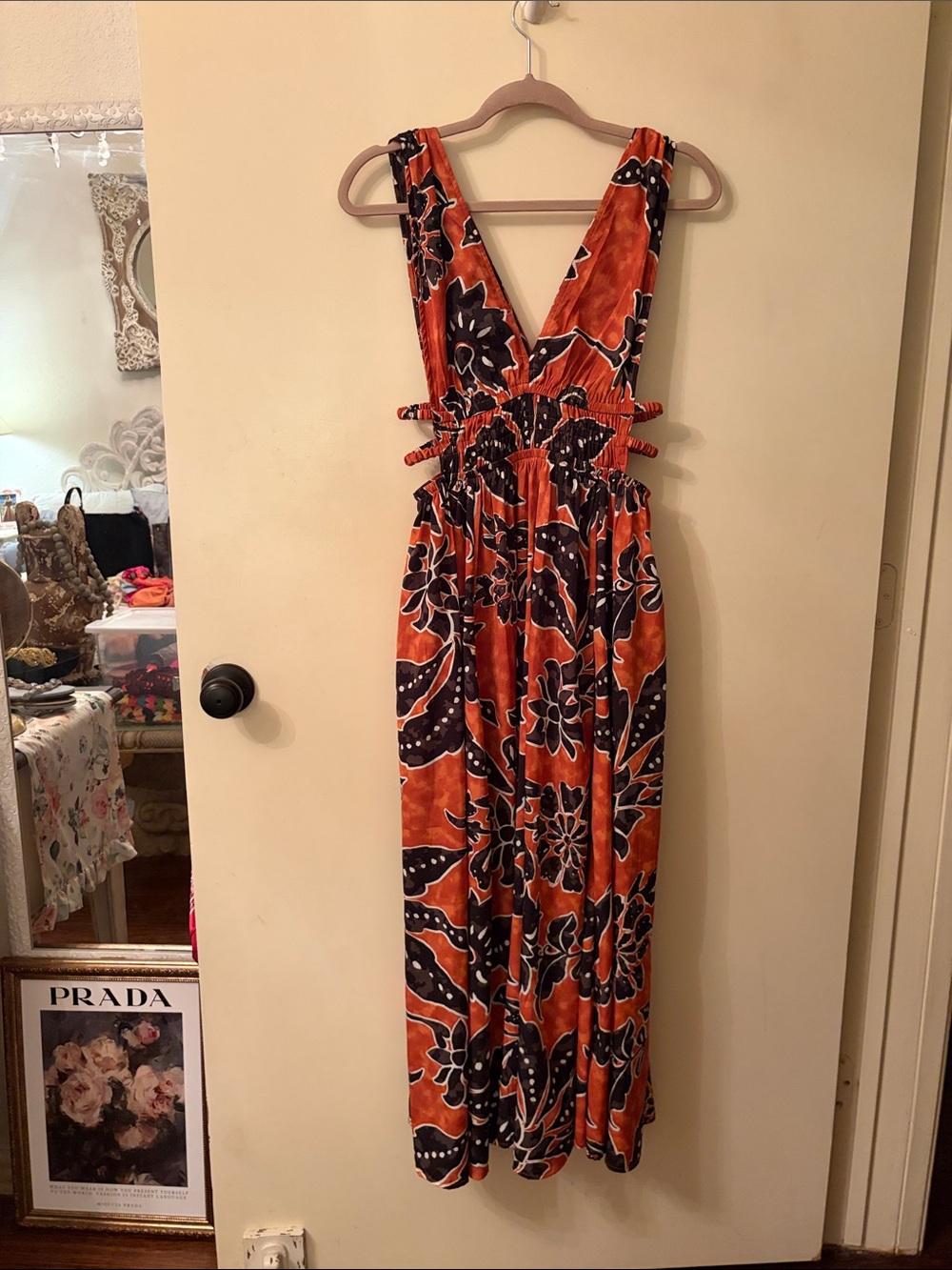 Orange Floral Maxi Dress with Deep V and Gathered Waist